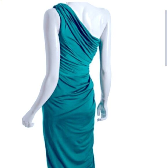 Tadashi Shoji Emerald One Shoulder Evening Cocktail Dress Gown - Picture 3 of 9